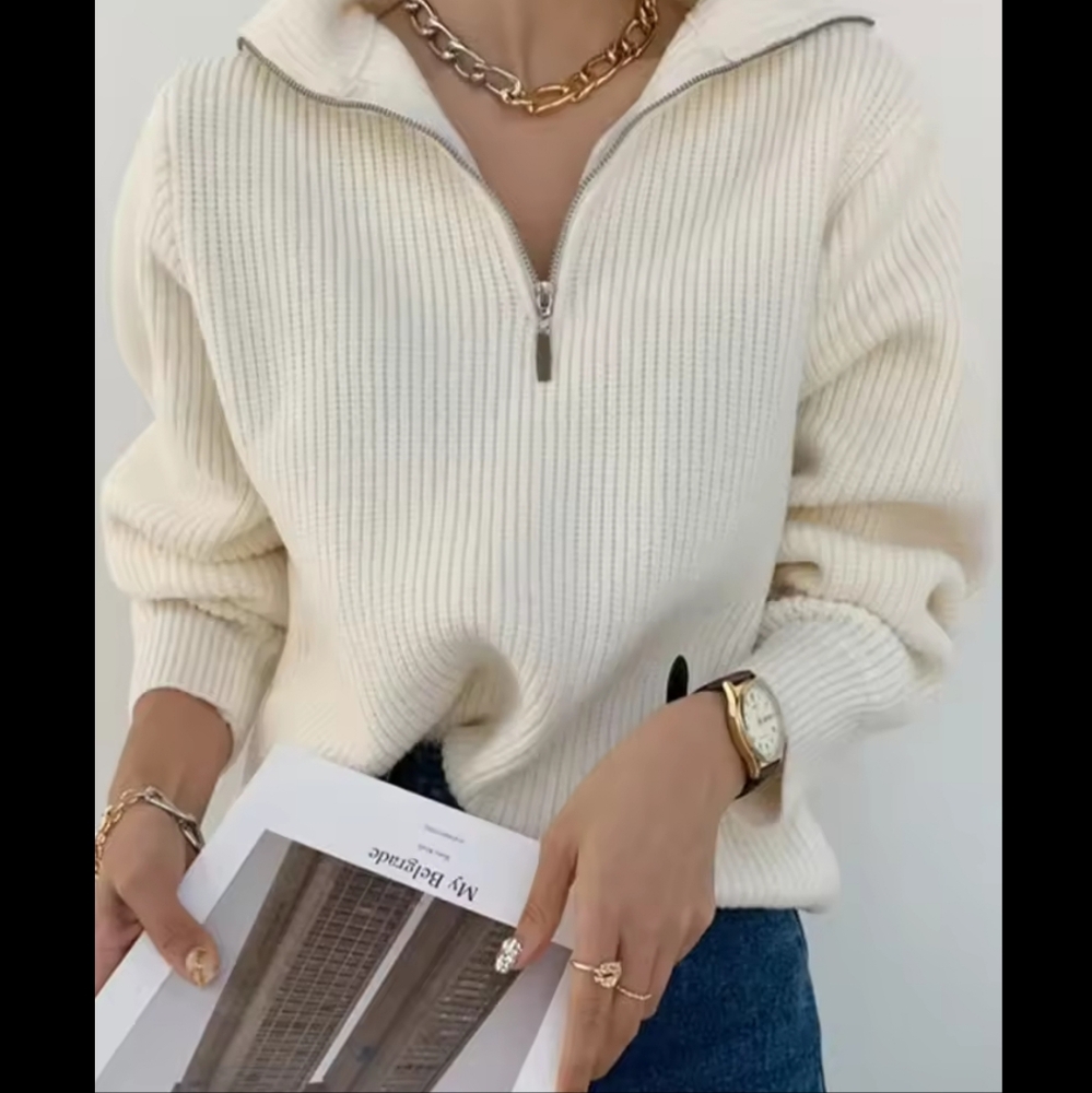 Sweaters Solid Grey Ladies Turtleneck Casual Loose Thick Zippers Pullovers - Picture 6 of 7